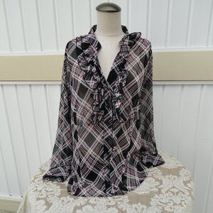 Lane Bryant Black Red Plaid Ruffled Blouse14/16